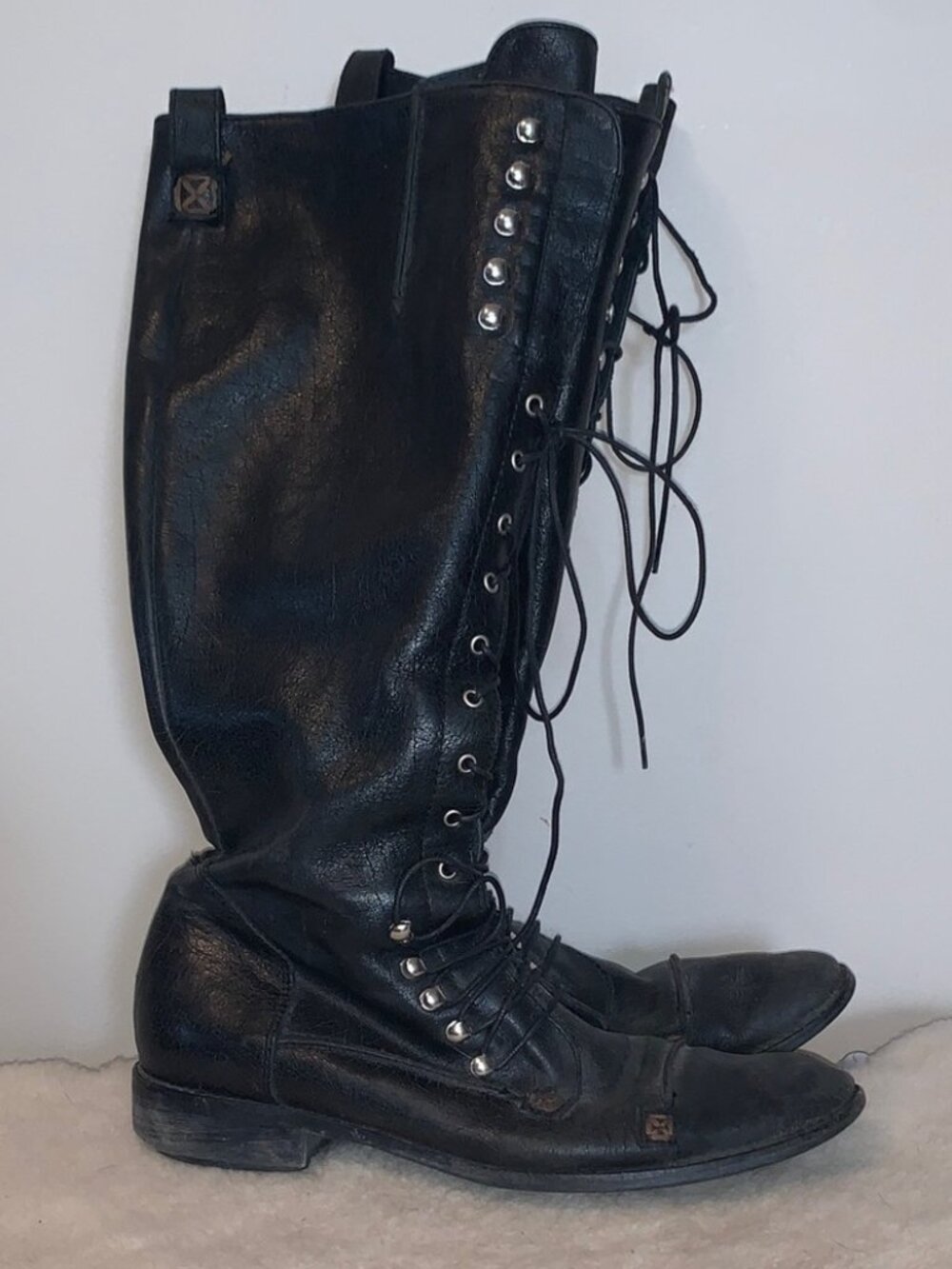 Charles David Knee High Tall Black Leather Lace-Up Boots 7